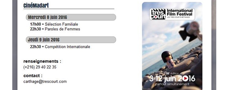 Très Court Métrage Film Festival au CinéMadart 8-9 juin